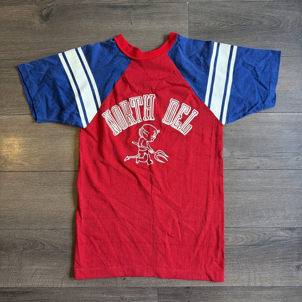 Vintage 70s NORTH DEL DEMONS CHAMPION BLUE BAR RED RAGLAN JERSEY t-shirt SMALL S